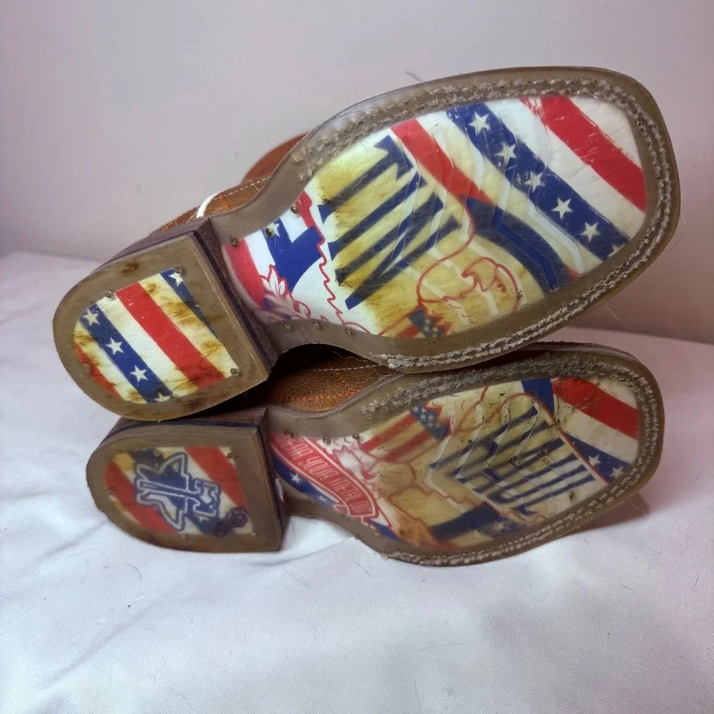 Tin Haul Kids Crossed Brown Orange Leather Patriotic‎ Square Toe Cowboy Boots 12